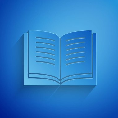 Kağıt kesiği Açık kitap simgesi mavi arkaplanda izole edildi. Kağıt sanatı tarzı. Vektör İllüstrasyonu