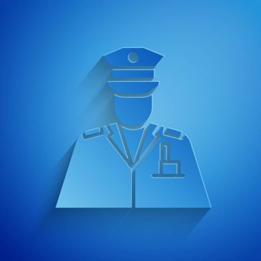 Kağıt kesiği polis memuru ikonu mavi arka planda izole edilmiş. Kağıt sanatı tarzı. Vektör İllüstrasyonu