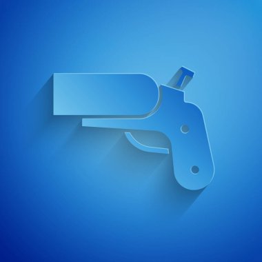 Kağıt kesiği, işaret fişeği tabancası sinyali mavi arka planda izole edilmiş bir simge. Acil ateş, hedef duman. Turuncu 911 fırlatıcısı. Kağıt sanatı tarzı. Vektör İllüstrasyonu