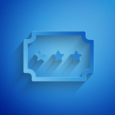 Kağıt kesimi Bilet simgesi mavi arkaplanda izole edildi. Eğlence parkı. Kağıt sanatı tarzı. Vektör İllüstrasyonu