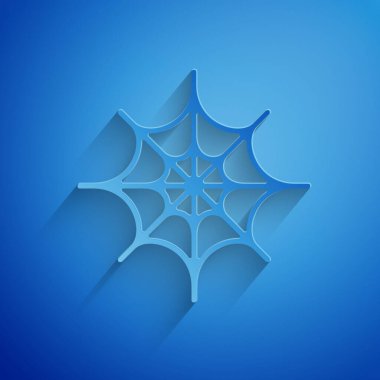 Kağıt kesiği Örümcek Ağı simgesi mavi arkaplanda izole edilmiş. Örümcek ağı işareti. Mutlu Cadılar Bayramı Partisi. Kağıt sanatı tarzı. Vektör İllüstrasyonu