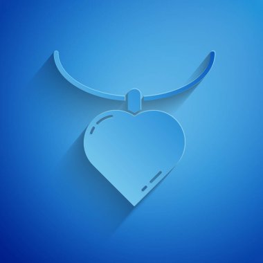 Kağıt kesiği kolye, mavi arka planda kalp şeklinde bir kolye simgesi var. Mücevher dekorasyonu. Uluslararası Mutlu Kadınlar Günü. Kağıt sanatı tarzı. Vektör İllüstrasyonu
