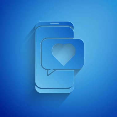 Kağıt kesme Online flört uygulaması ve sohbet simgesi mavi arkaplanda izole edildi. Uluslararası Mutlu Kadınlar Günü. Kağıt sanatı tarzı. Vektör İllüstrasyonu