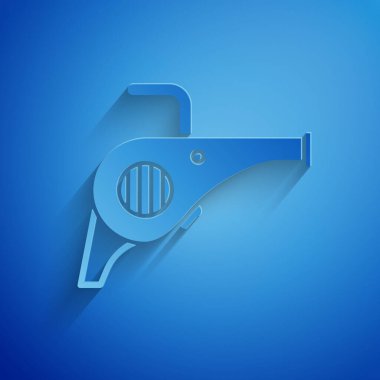 Kağıt kesiği Yaprak üfleyici simgesi mavi arka planda izole edilmiş. Kağıt sanatı tarzı. Vektör İllüstrasyonu