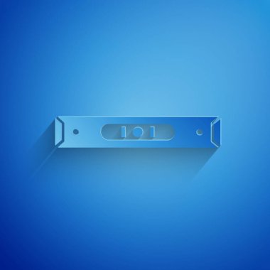 Kağıt kesiği Yapı Kabarcık Seviyesi simgesi mavi arkaplanda izole. Supaslar, ölçüm aletleri, ölçüm aletleri. Kağıt sanatı tarzı. Vektör İllüstrasyonu