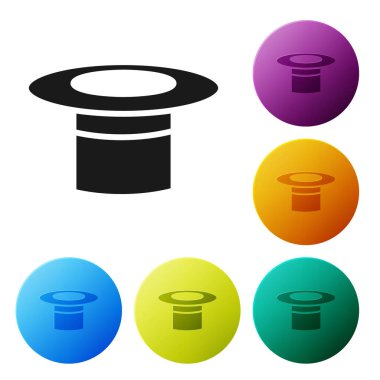 Siyah Sihirbaz şapka simgesi beyaz arkaplanda izole edildi. Sihir numarası. Gizemli eğlence konsepti. Simgeleri renk daire düğmelerine ayarla. Vektör İllüstrasyonu