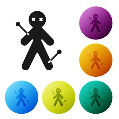 Siyah Voodoo bebek ikonu beyaz arkaplanda izole edilmiş. Simgeleri renk daire düğmelerine ayarla. Vektör İllüstrasyonu