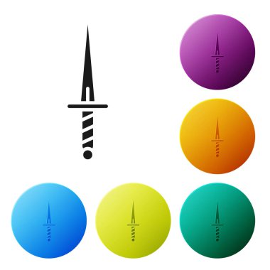 Siyah Hançer simgesi beyaz arkaplanda izole edildi. Bıçak ikonu. Keskin bıçaklı kılıç. Simgeleri renk daire düğmelerine ayarla. Vektör İllüstrasyonu