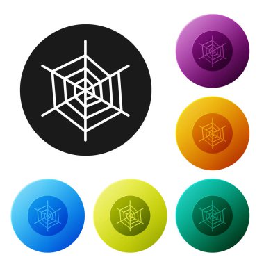 Siyah Örümcek Ağı simgesi beyaz arkaplanda izole edildi. Örümcek ağı işareti. Mutlu Cadılar Bayramı Partisi. Simgeleri renk daire düğmelerine ayarla. Vektör İllüstrasyonu