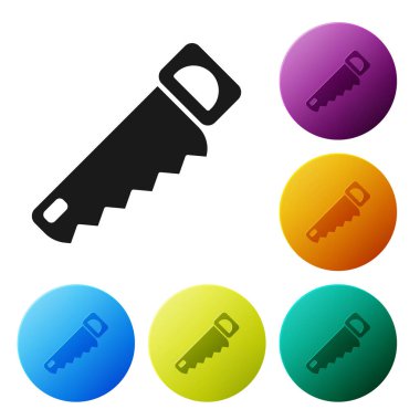 Siyah El beyaz arka planda izole edilmiş bir simge gördü. Simgeleri renk daire düğmelerine ayarla. Vektör İllüstrasyonu