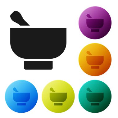 Beyaz arka planda kara büyü havan ve tokmak ikonu izole edildi. Simgeleri renk daire düğmelerine ayarla. Vektör İllüstrasyonu