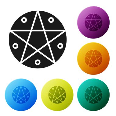 Beyaz arkaplanda izole edilmiş bir daire simgesinde siyah pentagram. Sihirli okült yıldız sembolü. Simgeleri renk daire düğmelerine ayarla. Vektör İllüstrasyonu