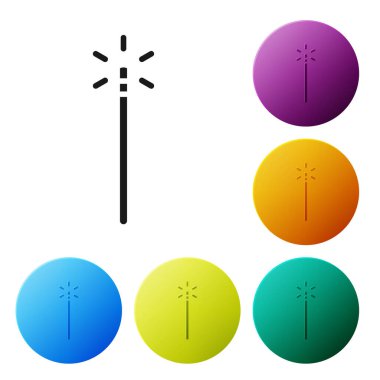 Siyah Büyü çubuk simgesi beyaz arkaplanda izole edildi. Yıldız şeklinde sihirli aksesuar. Sihirli güç. Simgeleri renk daire düğmelerine ayarla. Vektör İllüstrasyonu