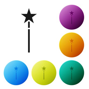 Siyah Büyü çubuk simgesi beyaz arkaplanda izole edildi. Yıldız şeklinde sihirli aksesuar. Sihirli güç. Simgeleri renk daire düğmelerine ayarla. Vektör İllüstrasyonu