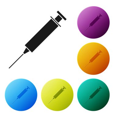 Beyaz arka planda siyah şırınga simgesi izole edildi. Aşı için şırınga, aşı, iğne, grip aşısı. Tıbbi ekipman. Simgeleri renk daire düğmelerine ayarla. Vektör İllüstrasyonu