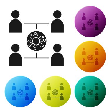 Siyah virüs beyaz arkaplana izole edilmiş bir ikon yaydı. Coronavirus enfeksiyon bilgi grafikleri. Simgeleri renk daire düğmelerine ayarla. Vektör İllüstrasyonu