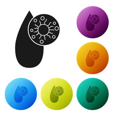 Siyah kan testi ve virüs molekülü koronavirüs ikonu beyaz arka planda izole edildi. Coronavirus, COVID-19. 2019-NCoV. Simgeleri renk daire düğmelerine ayarla. Vektör İllüstrasyonu