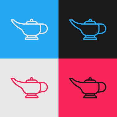 Pop Art Line Magic Lambası ya da Aladdin lamba ikonu renkli arka planda izole edilmiş. Dilek için ruhani lamba. Vektör İllüstrasyonu