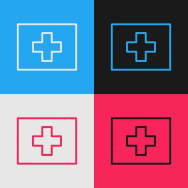 Pop sanat serisi ilk yardım seti simgesi renk arkaplanında izole edildi. Haçlı sağlık kutusu. Acil durumlar için tıbbi ekipman. Sağlık sigortası konsepti. Vektör İllüstrasyonu