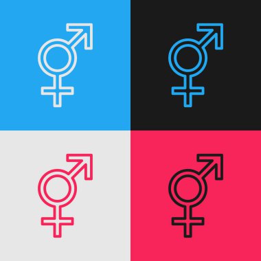 Popüler sanat çizgisi renkli arkaplanda izole edilmiş cinsiyet simgesi. Erkek ve kadın sembolleri. Seks sembolü. Vektör İllüstrasyonu