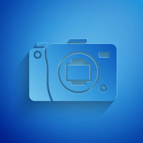 Taglio Carta Icona Della Fotocamera Mirrorless Isolato Sfondo Blu Icona — Vettoriale Stock