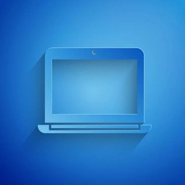 Papier Wyciąć Ikonę Laptop Izolowane Niebieskim Tle Notatnik Pustym Znakiem — Wektor stockowy