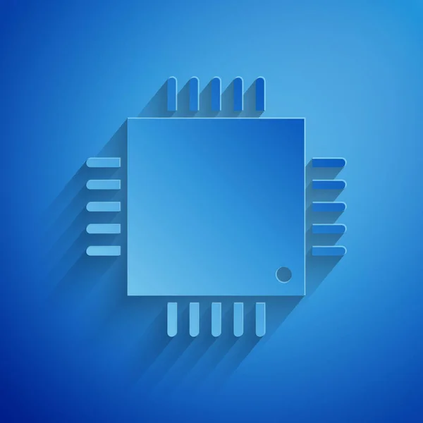 纸切计算机处理器与电路Cpu图标隔离在蓝色背景上 带有电路板标志的芯片或Cpu 微处理器 造纸艺术风格 病媒图解 — 图库矢量图片