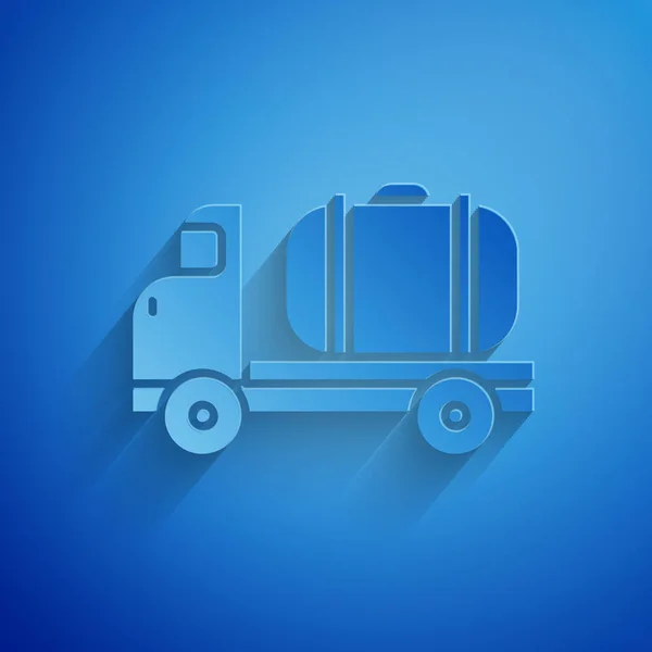 纸切坦克图标隔离在蓝色背景 汽油卡车 蓄水池 石油拖车 造纸艺术风格 病媒图解 — 图库矢量图片
