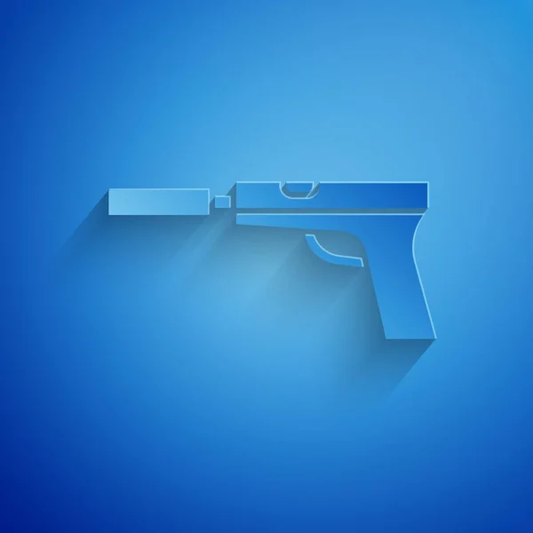 Paper Cut Pistol Gun Silencer Icon Isolated Blue Background Paper — Stock Vector