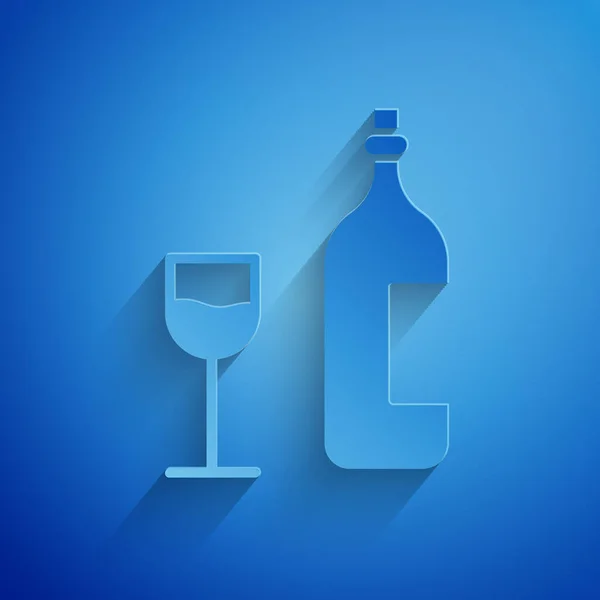 Papier Gesneden Wijnfles Met Wijnglas Pictogram Geïsoleerd Blauwe Achtergrond Vrolijk — Stockvector