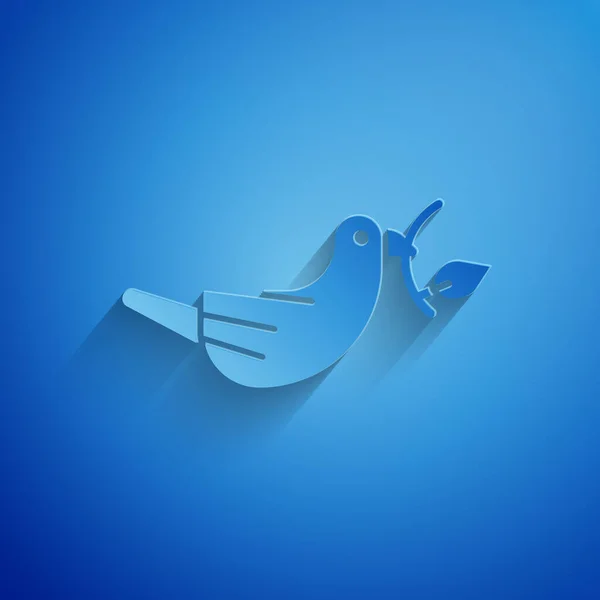 Голубь Мира Вырезанный Бумагой Иконкой Оливковой Ветви Изолирован Синем Фоне — стоковый вектор