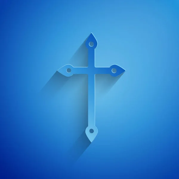 Papír Řez Křesťanský Kříž Ikona Izolované Modrém Pozadí Kostelní Kříž — Stockový vektor