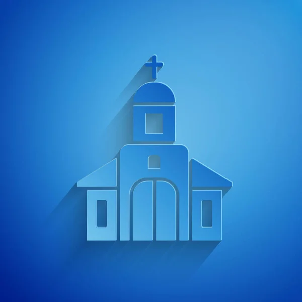 Paper Cut Church Building Icon Isolated Blue Background Christian Church — Stock Vector