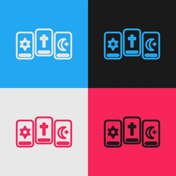 Pop Art Line Drie Tarot Kaarten Pictogram Geïsoleerd Kleur Achtergrond — Stockvector