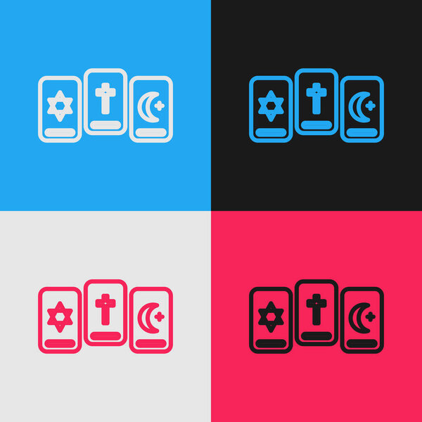 Pop art line Three tarot cards icon isolated on color background. Magic occult set of tarot cards.  Vector Illustration