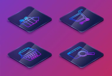 Isometric hattı hediye kutusunu, alışveriş sepetini, alışveriş arabasını ve Arama 'yı tarayıcı penceresinde ayarla. Mavi kare düğme. Vektör