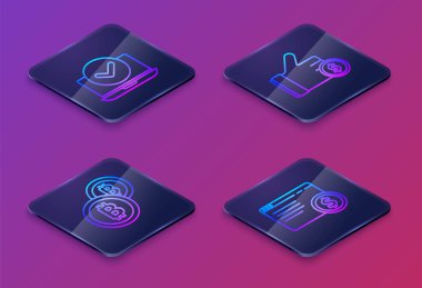 Isometric hattı dizüstü bilgisayar, Şifreli para Bitcoin, El ele para ve online alışverişi ekrana getir. Mavi kare düğme. Vektör