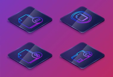 Isometric satır Belgesini eksi, Finans belgesi, Belge koruma kavramı ve yıldız ile Belge klasörünü ayarla. Mavi kare düğme. Vektör