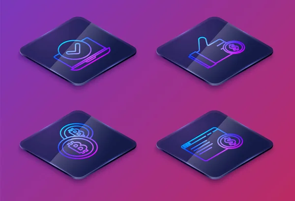 Isometric hattı dizüstü bilgisayar, Şifreli para Bitcoin, El ele para ve online alışverişi ekrana getir. Mavi kare düğme. Vektör