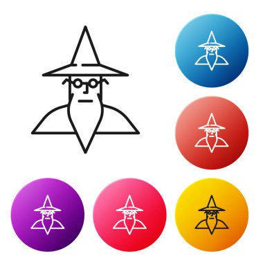 Siyah çizgi büyücü simgesi beyaz arkaplanda izole edildi. Renkli daire düğmelerini ayarlayın. Vektör İllüstrasyonu