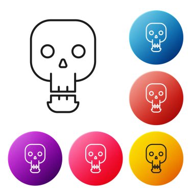 Siyah çizgi Kafatası simgesi beyaz arkaplanda izole edildi. Mutlu Cadılar Bayramı Partisi. Renkli daire düğmelerini ayarlayın. Vektör İllüstrasyonu