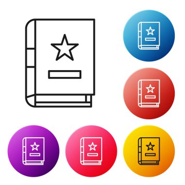 Siyah çizgi üzerinde simya tarifleri, mistik büyüler ve beyaz arka planda izole edilmiş büyü simgeleri olan Eskiler 'in sihirli kitabı. Renkli daire düğmelerini ayarlayın. Vektör İllüstrasyonu