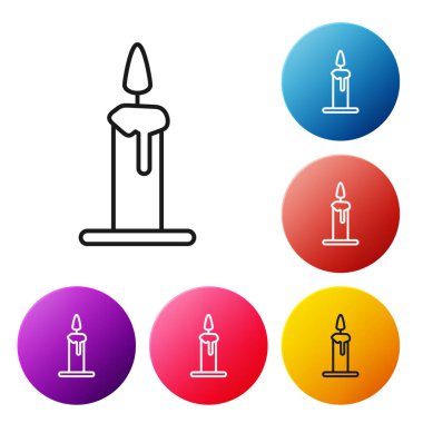 Beyaz arkaplanda izole edilmiş, şamdan simgesinde yanan siyah çizgi. Silindirik mum çubuğu ve yanan ateş. Renkli daire düğmelerini ayarlayın. Vektör İllüstrasyonu