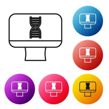 Siyah çizgi DNA sarmalı ve bilgisayar monitörü simgesi beyaz arkaplanda izole edildi. Poligonal tıbbi teknoloji araştırma ağı sanatı. Renkli daire düğmelerini ayarlayın. Vektör İllüstrasyonu