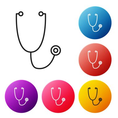 Siyah çizgi steteskop tıbbi araç simgesi beyaz arka planda izole edildi. Renkli daire düğmelerini ayarlayın. Vektör İllüstrasyonu