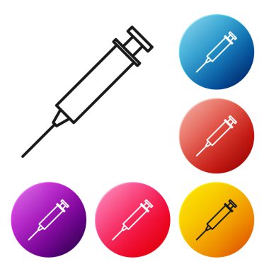 Siyah çizgi Şırınga simgesi beyaz arka planda izole. Aşı, aşı, enjeksiyon, grip aşısı için şırınga. Tıbbi ekipmanlar. Simgeleri renkli daire düğmeleri ayarlayın. Vektör İllüstrasyonu