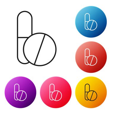 Siyah çizgi ilaç hapı ya da beyaz arkaplanda izole edilmiş tablet ikonu. Corona virüsü 2019-nCoV. Kapsül hapı ve uyuşturucu işareti. Eczane tasarımı. Renkli daire düğmelerini ayarlayın. Vektör İllüstrasyonu