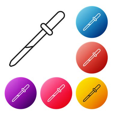 Siyah çizgi Pipette simgesi beyaz arkaplanda izole edildi. Tıbbi elementler, kimya laboratuarı ekipmanları. Tıp sembolü. Renkli daire düğmelerini ayarlayın. Vektör İllüstrasyonu