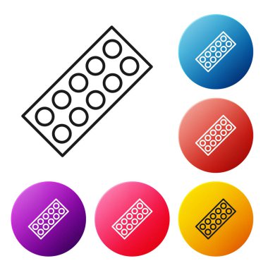 Siyah çizgili haplar beyaz arka planda izole edilmiş. İlaç paketi. Tablet, vitamin, antibiyotik, aspirin. Renkli daire düğmelerini ayarlayın. Vektör İllüstrasyonu