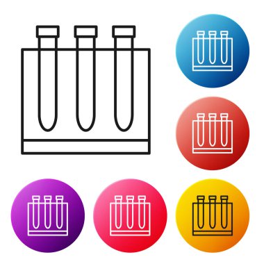 Siyah çizgi kan testi ve virüs molekülü koronavirüs ikonu beyaz arka planda izole edildi. Coronavirus, COVID-19. 2019-NCoV. Renkli daire düğmelerini ayarlayın. Vektör İllüstrasyonu